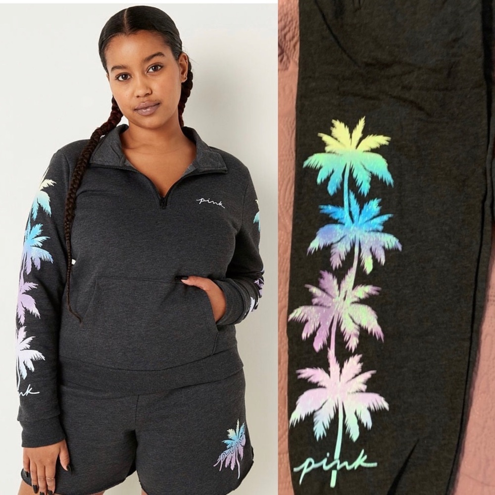 VS Pink 2-Piece SET Shine Palm Everyday Perfect 1/4 Zip & Matching Campus Sweats